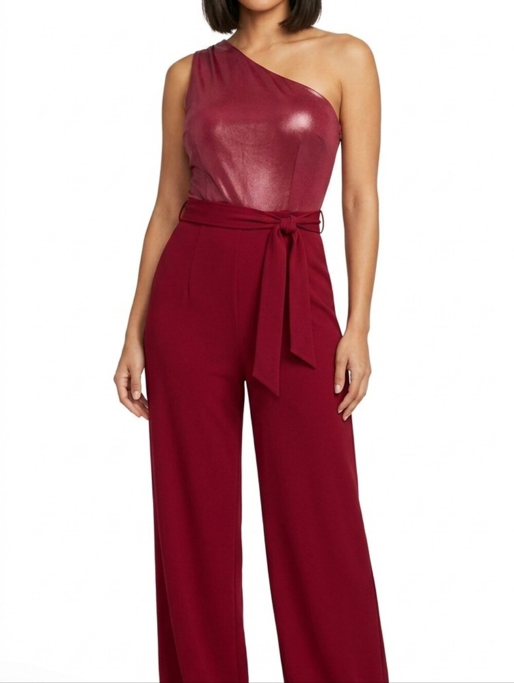 New York & Co Red Burgundy Jumpsuit One Shoulder Belted Faux Leather NWT XL